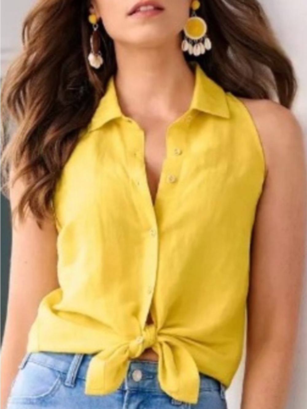 Boston Proper Yellow Sleeveless Tie-Front Button Down Shirt